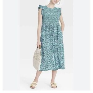 A New Day‎ Midi Dress Floral Pockets Sz Large  Smocked